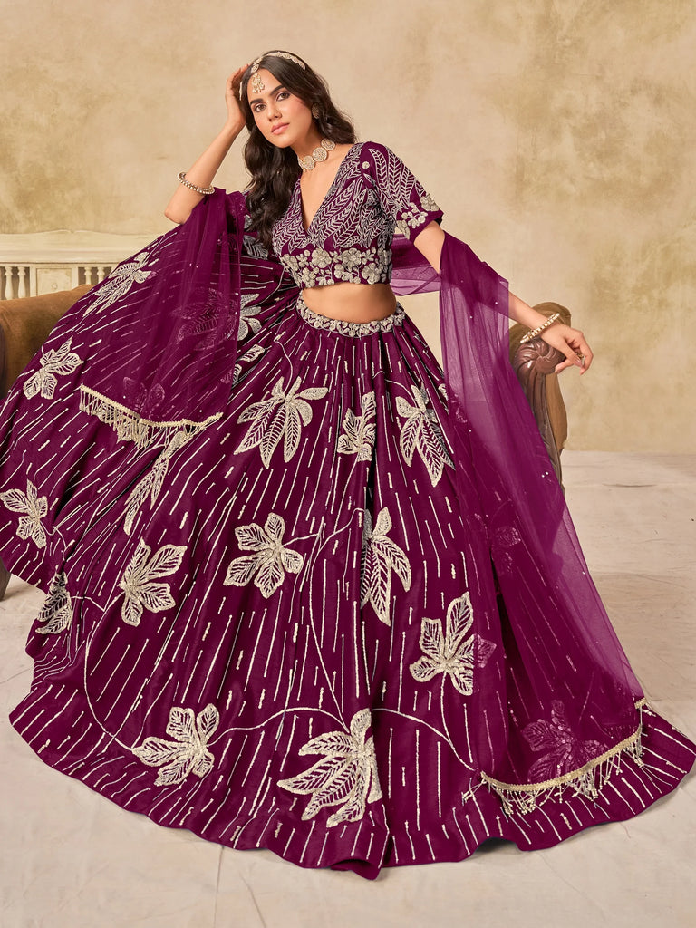 Dazzling Wine Thread Embroidered Silk Function Wear Lehenga Choli