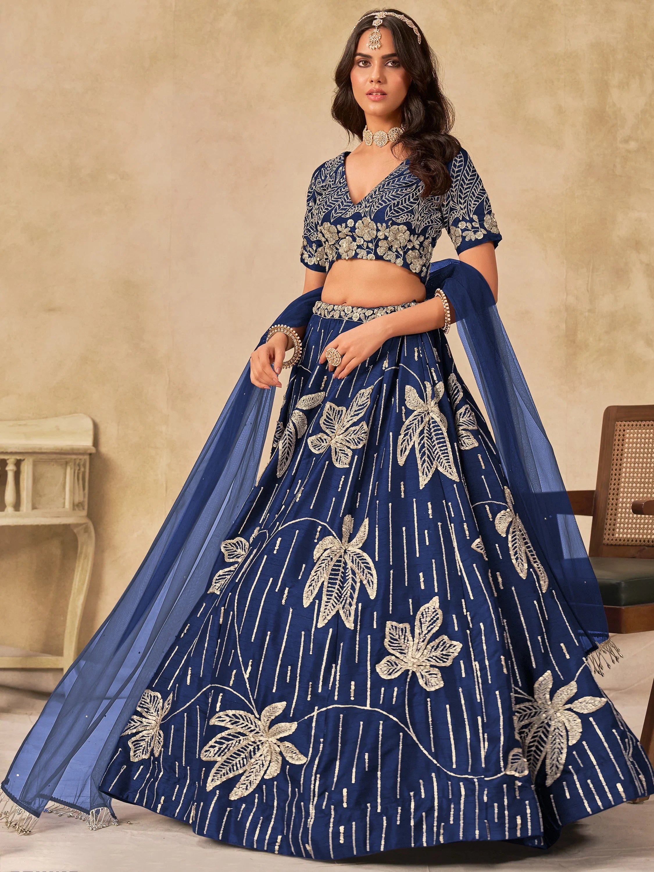 Stunning Navy Blue Sequins Silk Engagement Wear Lehenga Choli