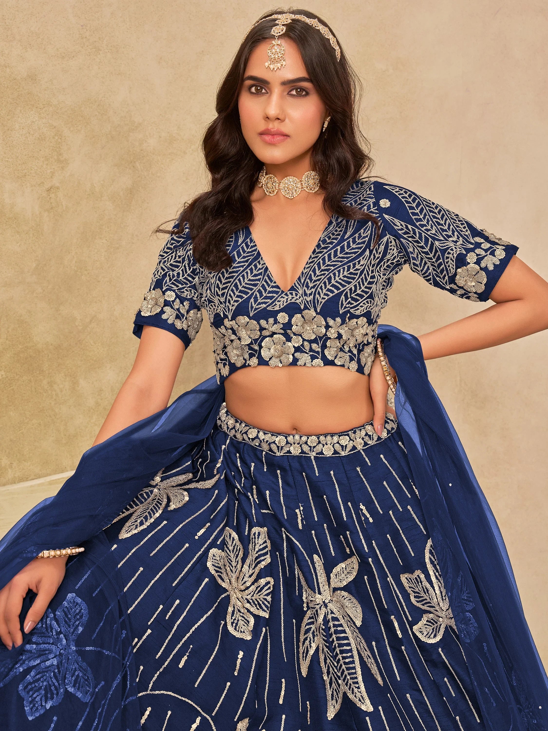 Stunning Navy Blue Sequins Silk Engagement Wear Lehenga Choli