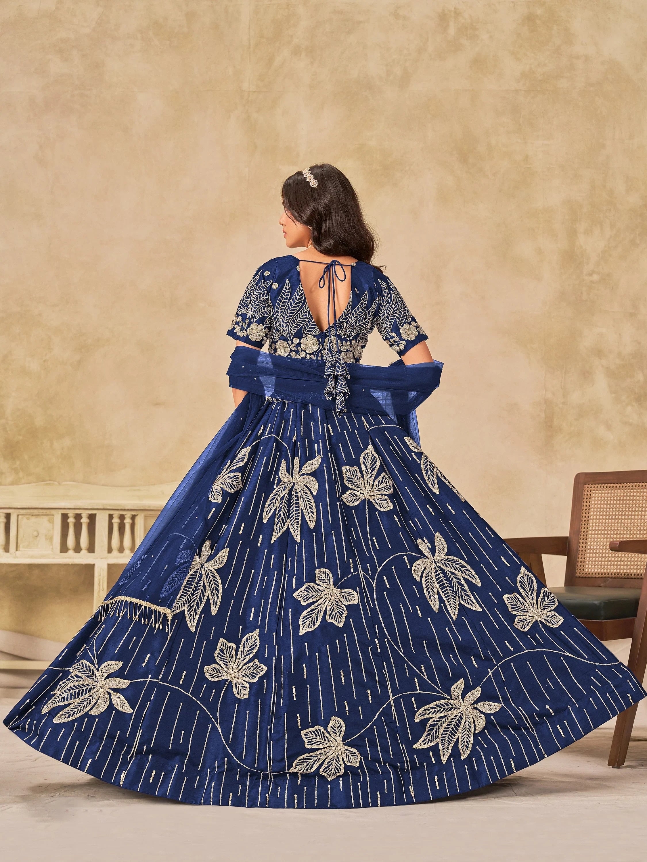 Stunning Navy Blue Sequins Silk Engagement Wear Lehenga Choli