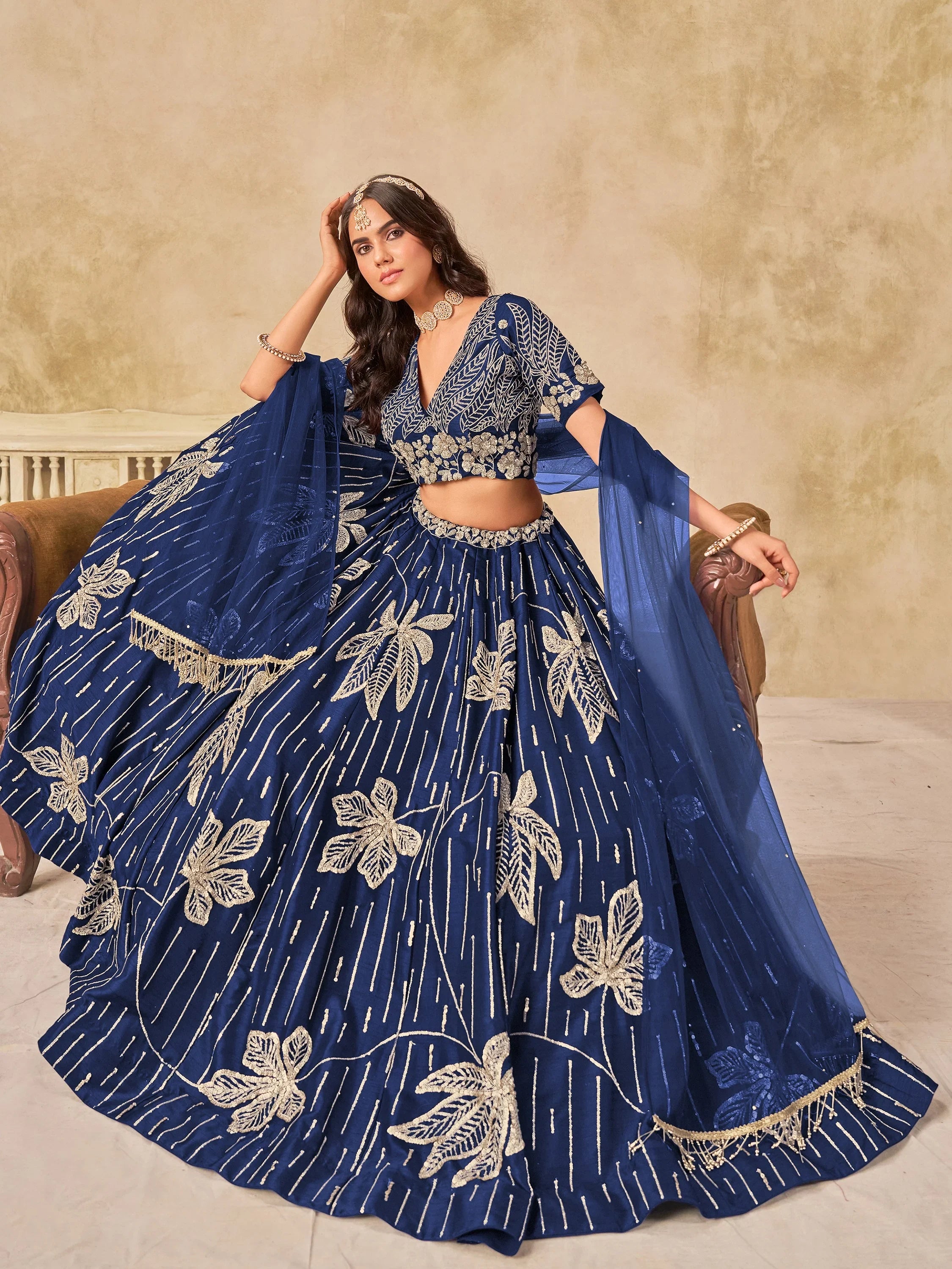 Stunning Navy Blue Sequins Silk Engagement Wear Lehenga Choli