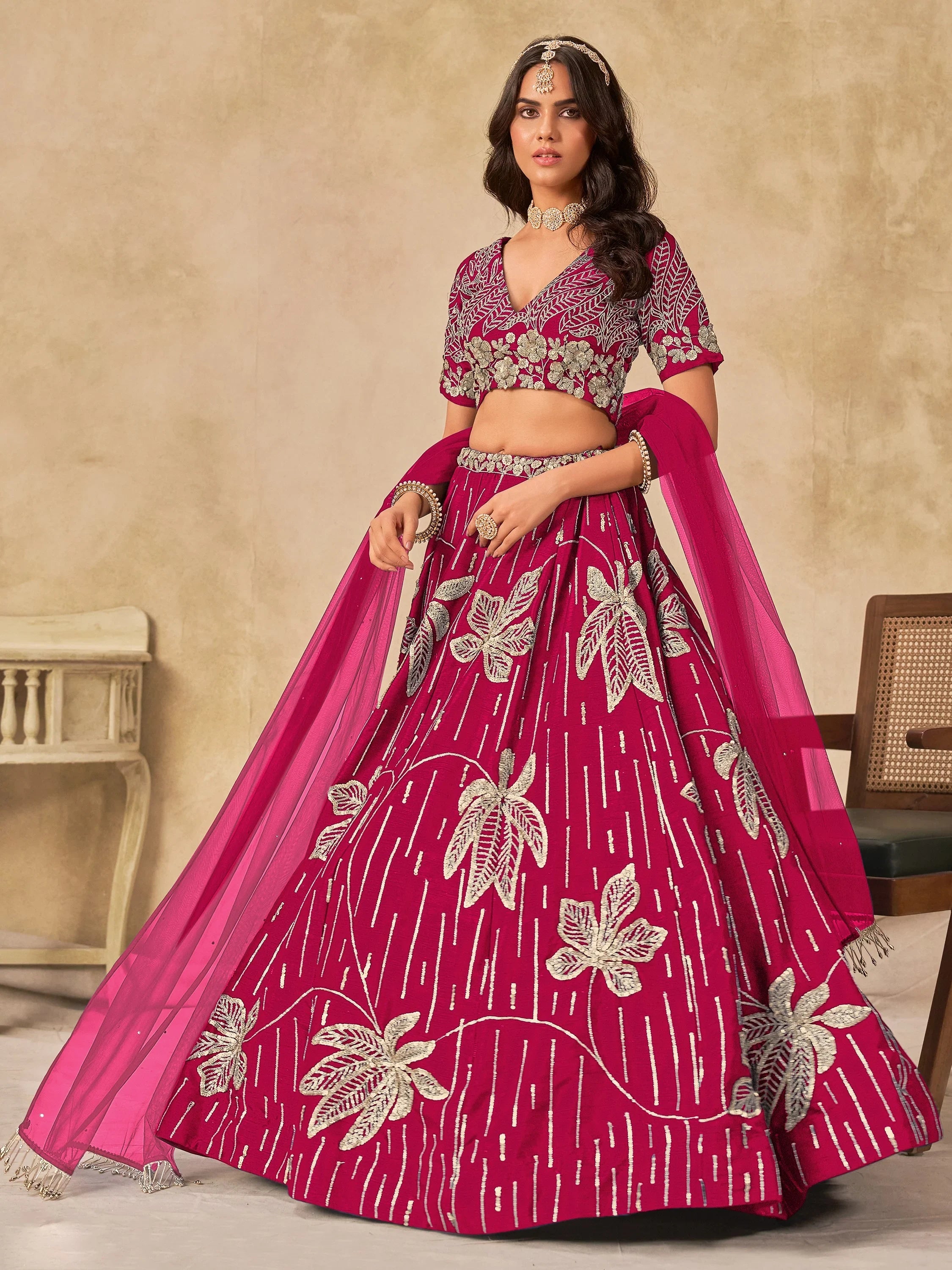 Impressive Pink Embroidered Silk Wedding Wear Lehenga Choli