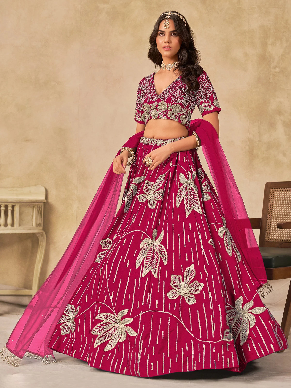Impressive Pink Embroidered Silk Wedding Wear Lehenga Choli