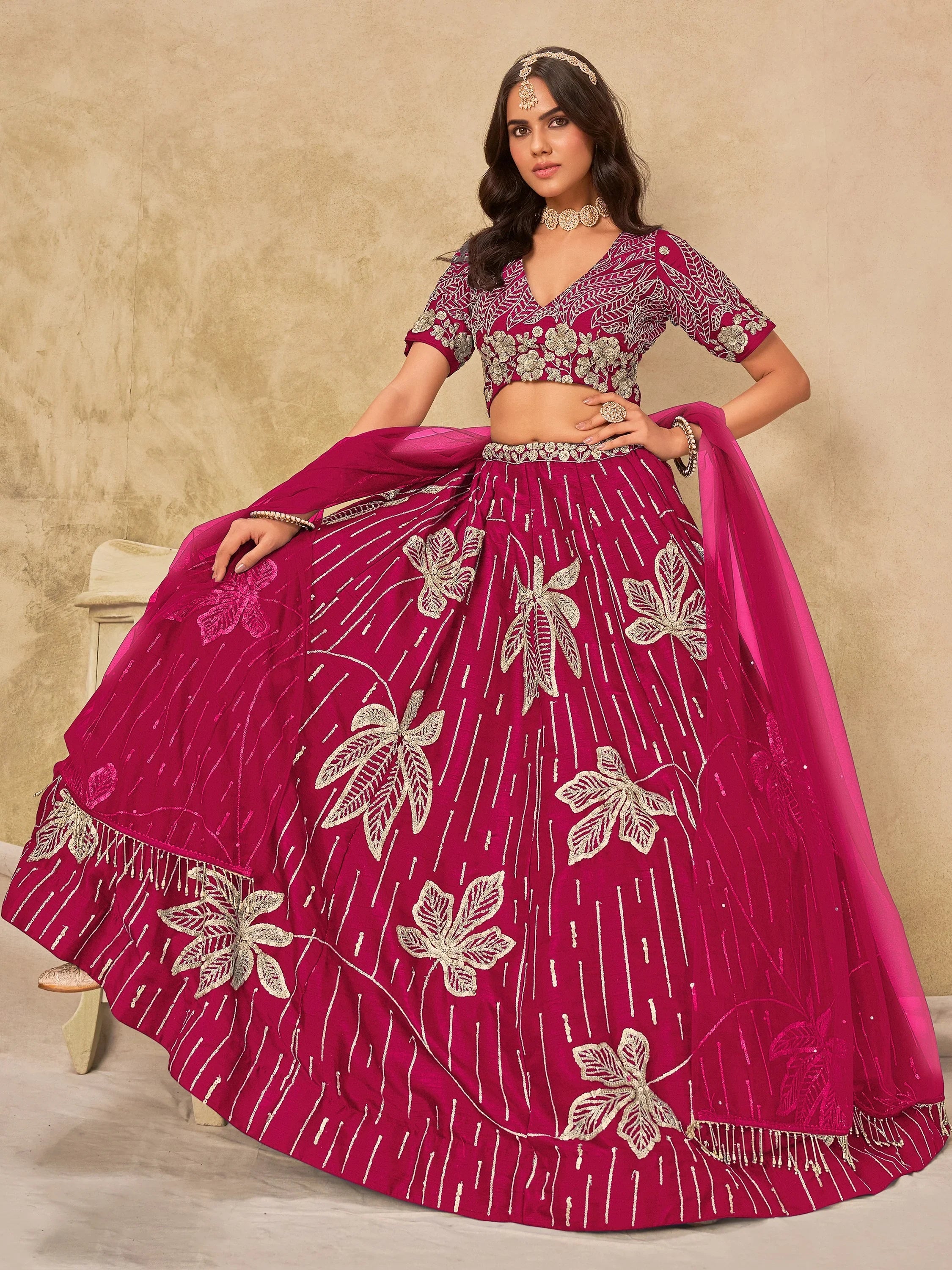 Impressive Pink Embroidered Silk Wedding Wear Lehenga Choli
