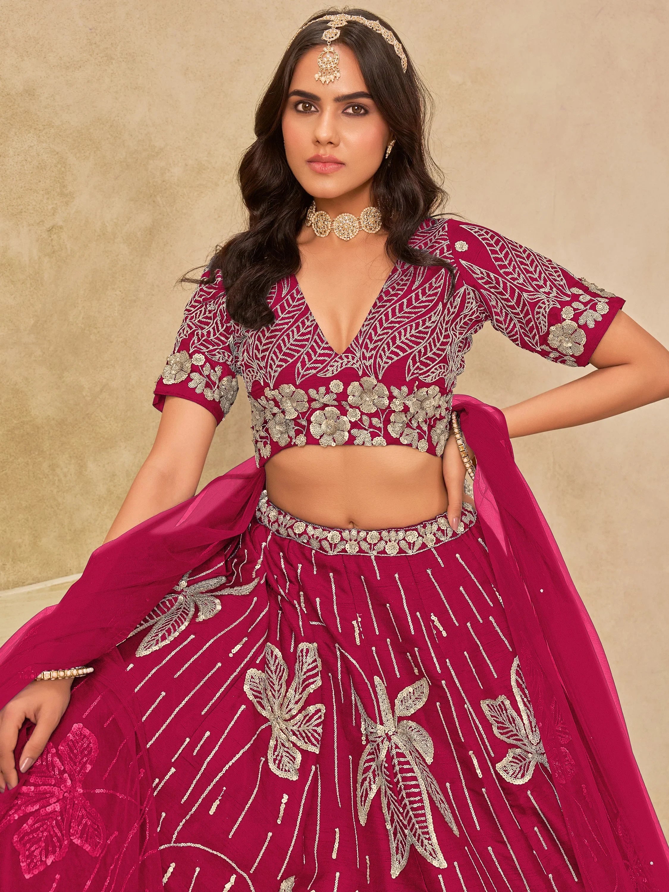 Impressive Pink Embroidered Silk Wedding Wear Lehenga Choli