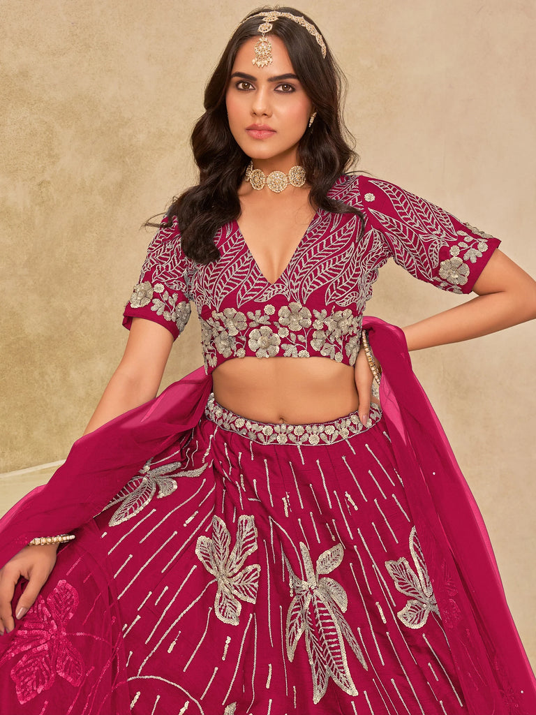 Impressive Pink Embroidered Silk Wedding Wear Lehenga Choli