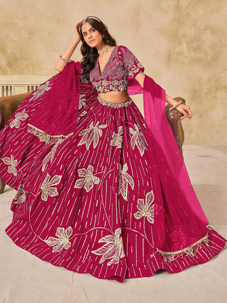 Impressive Pink Embroidered Silk Wedding Wear Lehenga Choli