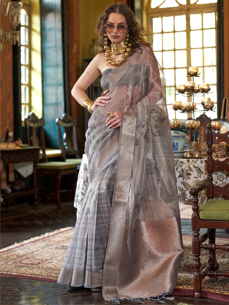 Enchanting Grey Printed Organza Party Wear Saree With Blouse