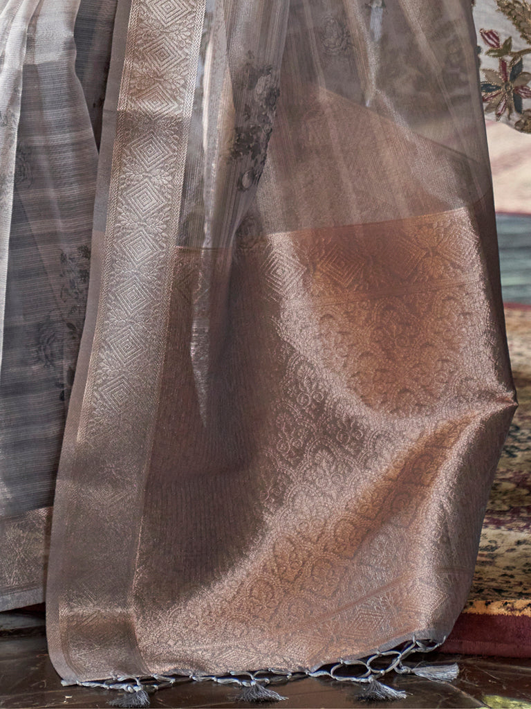 Enchanting Grey Printed Organza Party Wear Saree With Blouse