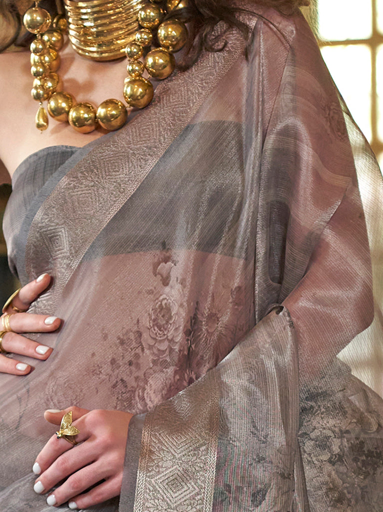 Enchanting Grey Printed Organza Party Wear Saree With Blouse