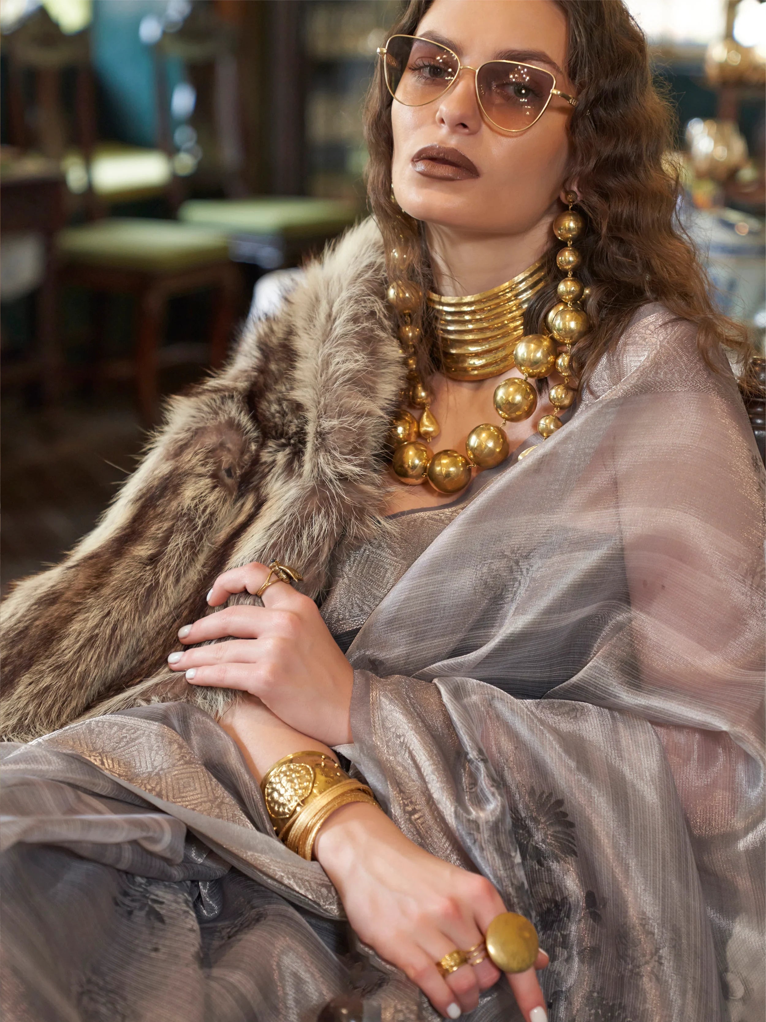 Enchanting Grey Printed Organza Party Wear Saree With Blouse