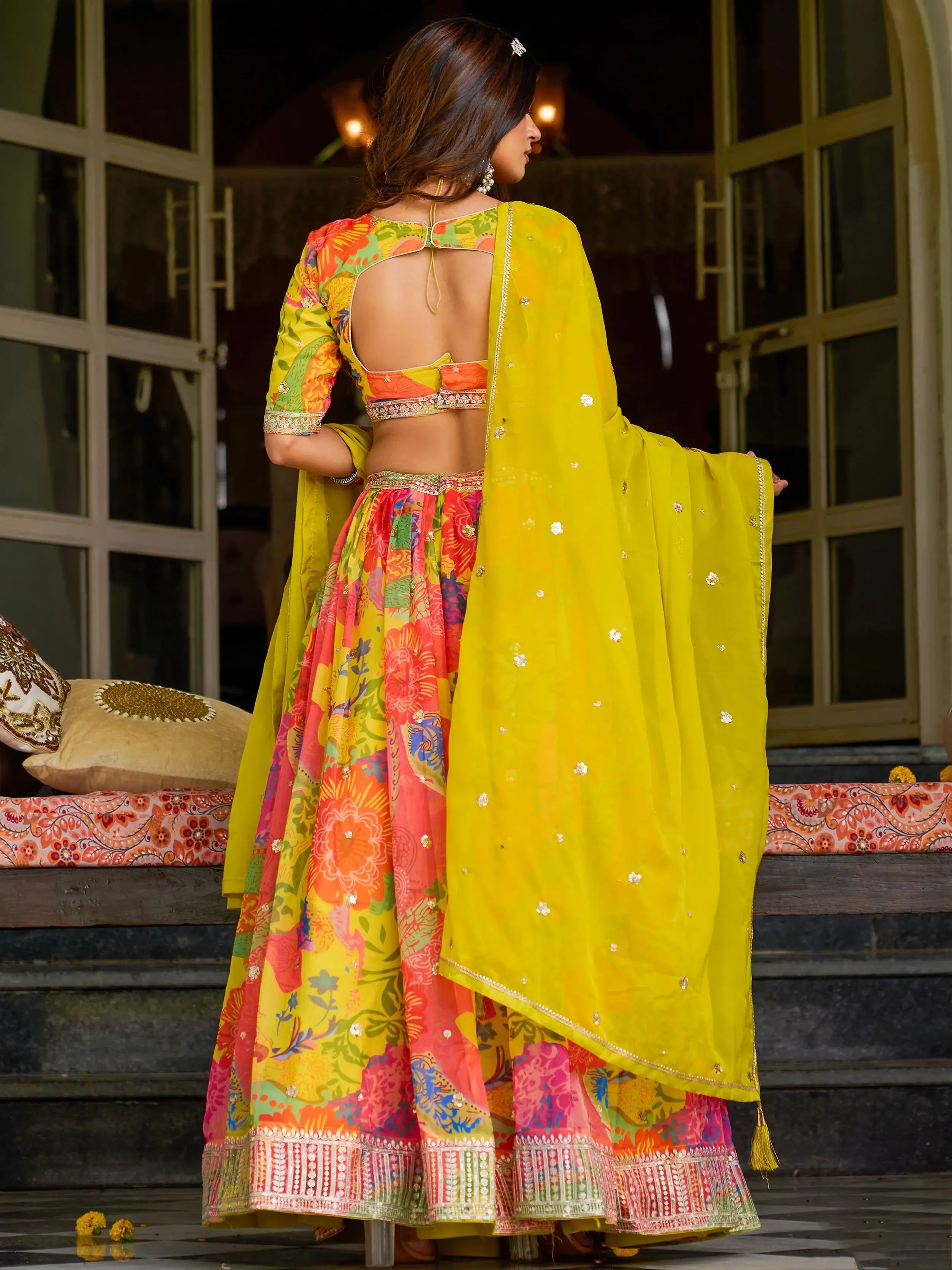 Precious Yellow Floral Printed Organza Haldi Wear Lehenga Choli