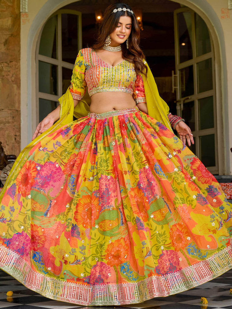 Precious Yellow Floral Printed Organza Haldi Wear Lehenga Choli