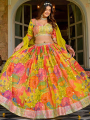 Precious Yellow Floral Printed Organza Haldi Wear Lehenga Choli