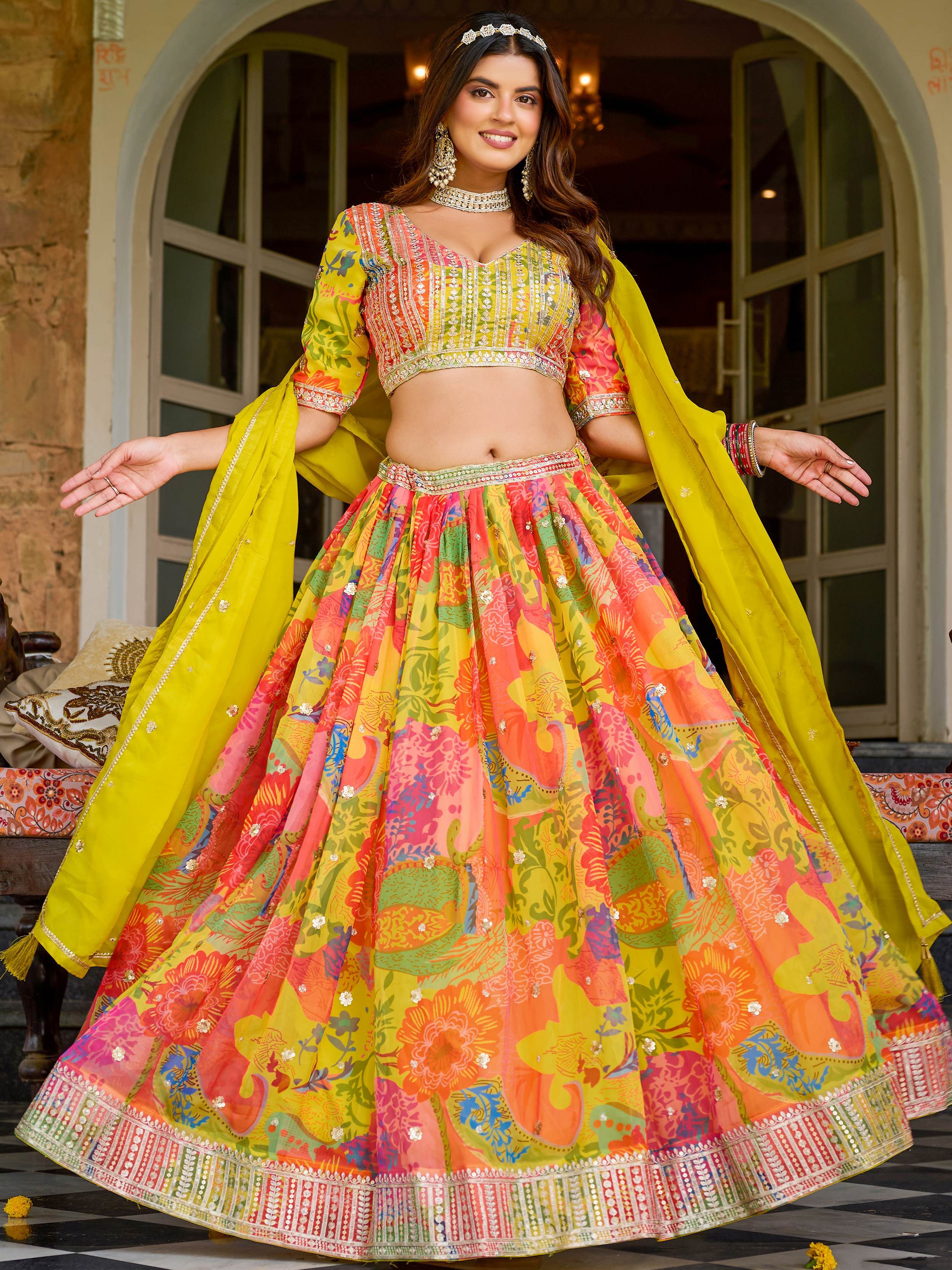 Precious Yellow Floral Printed Organza Haldi Wear Lehenga Choli