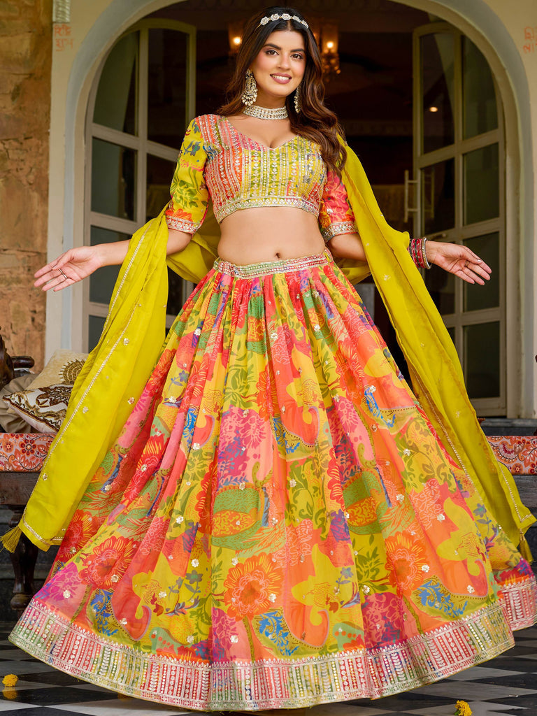 Precious Yellow Floral Printed Organza Haldi Wear Lehenga Choli