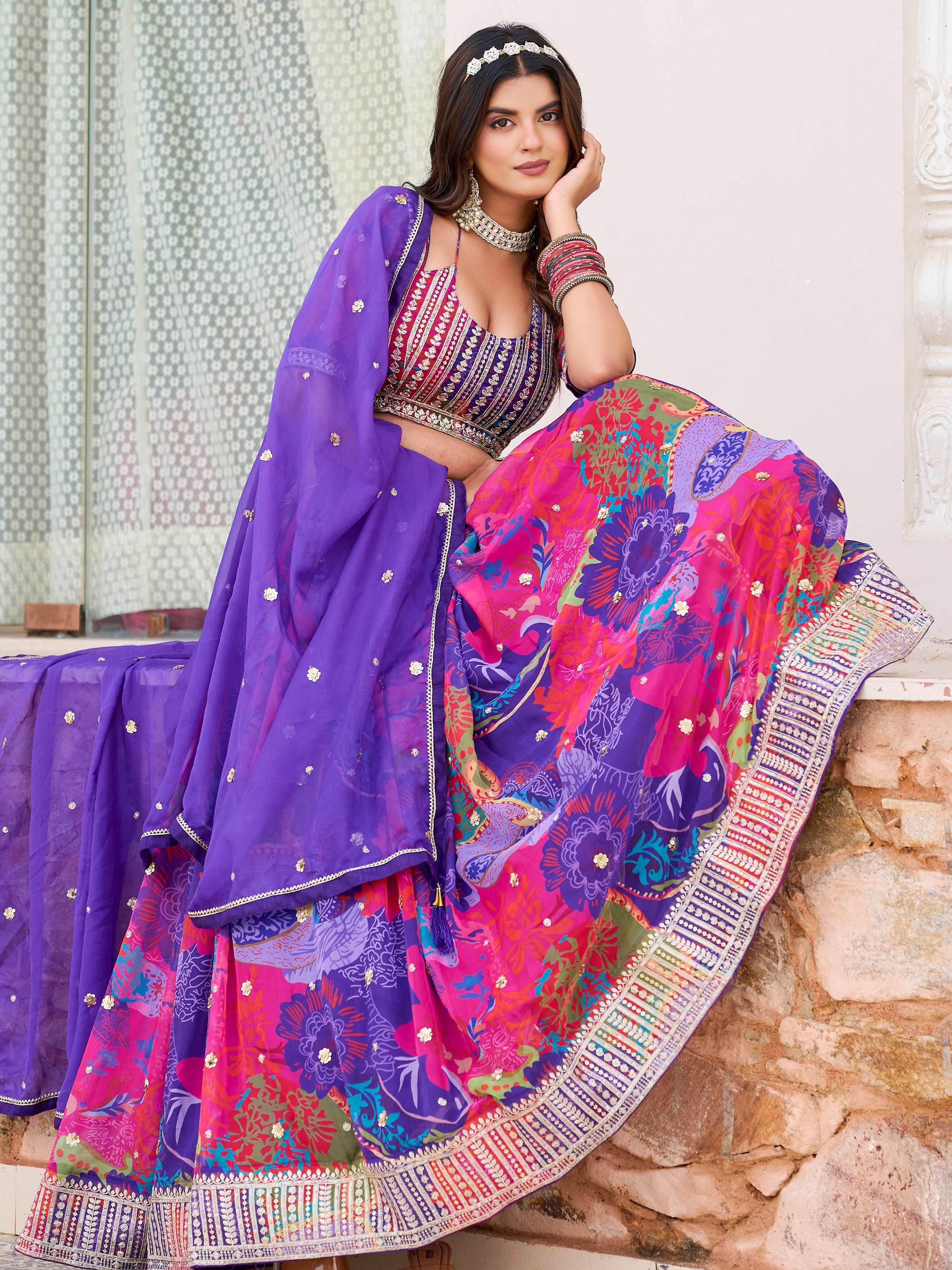 Classic Purple Floral Printed Organza Bridesmaid Lehenga Choli