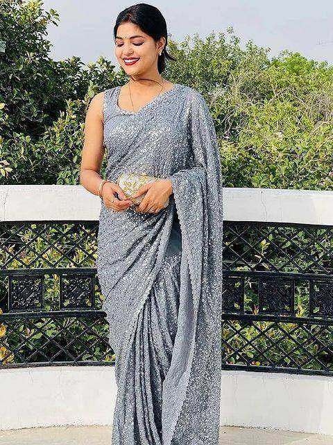 Sabyasachi Grey Sequins Party Wear Saree With Blouse