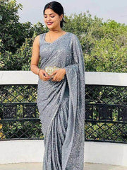 Sabyasachi Grey Sequins Party Wear Saree With Blouse