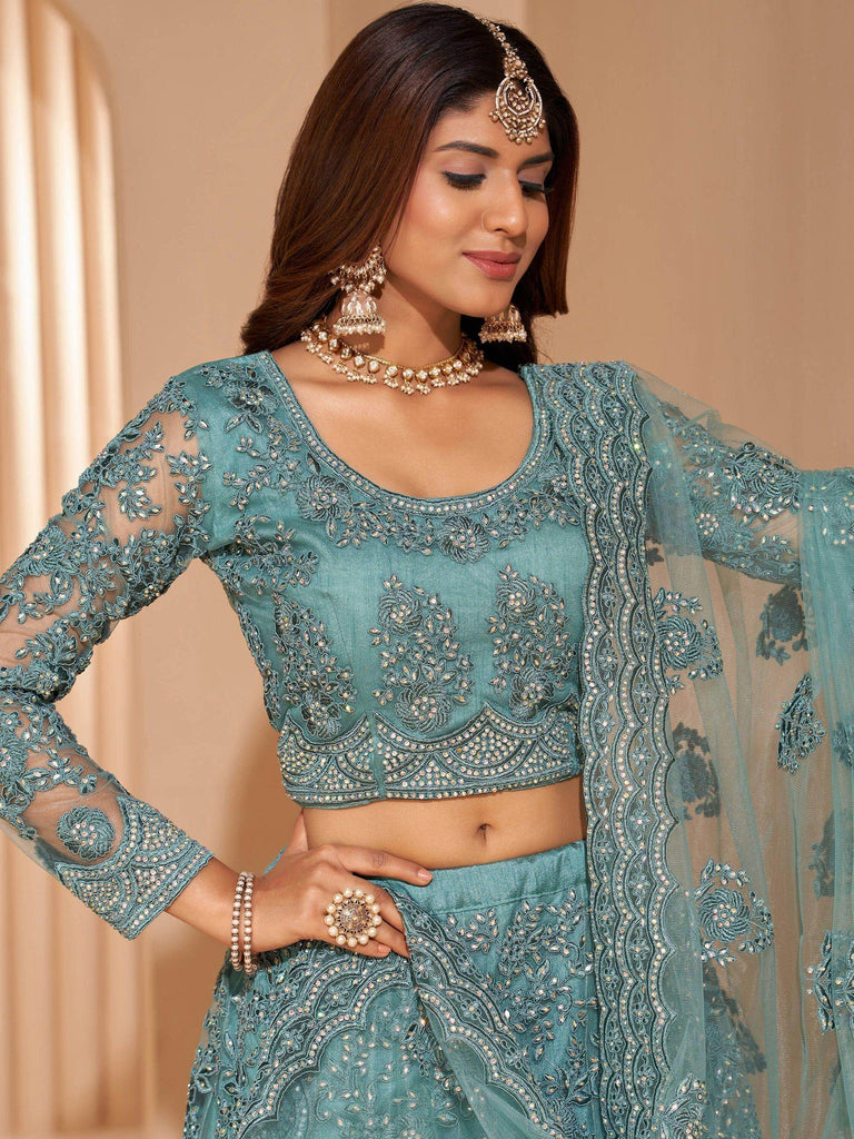 Impressive Sky Blue Cording Work Net Wedding Wear Lehenga Choli