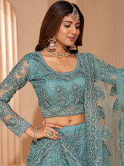 Impressive Sky Blue Cording Work Net Wedding Wear Lehenga Choli