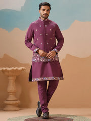 Fabulous Dusty Purple Thread Work Viscose Silk Wedding For Men Kurta