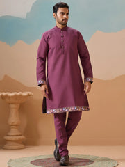 Fabulous Dusty Purple Thread Work Viscose Silk Wedding For Men Kurta