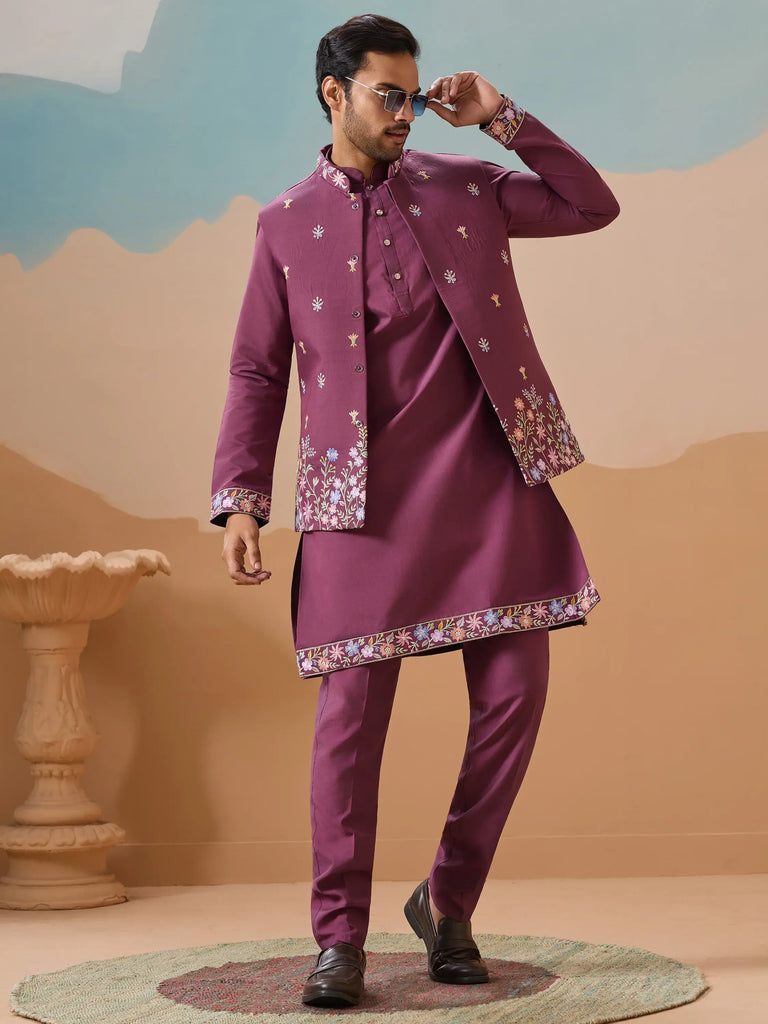 Fabulous Dusty Purple Thread Work Viscose Silk Wedding For Men Kurta