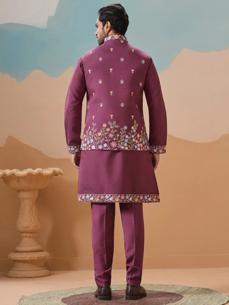 Fabulous Dusty Purple Thread Work Viscose Silk Wedding For Men Kurta