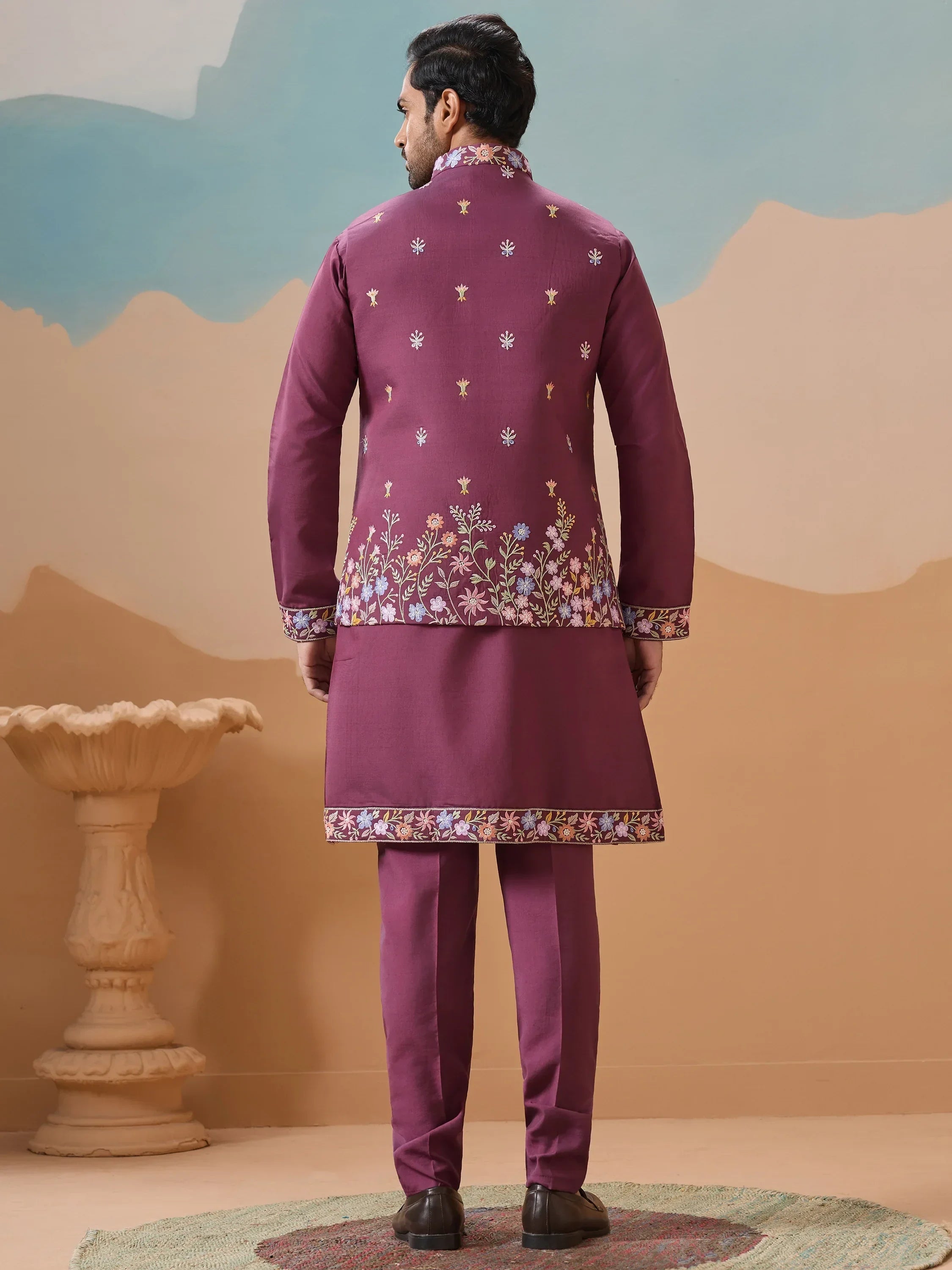 Fabulous Dusty Purple Thread Work Viscose Silk Wedding For Men Kurta