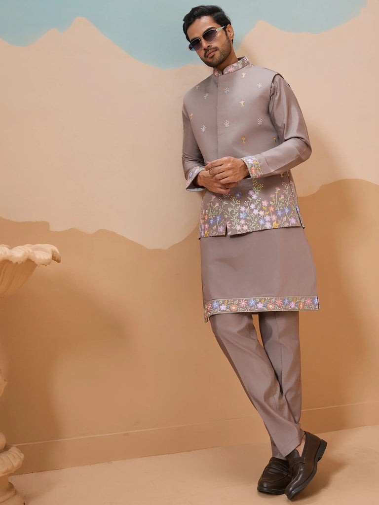 Tantalizing Grey Sequins Viscose Engagement Wear Men Kurta With Pant And Jacket