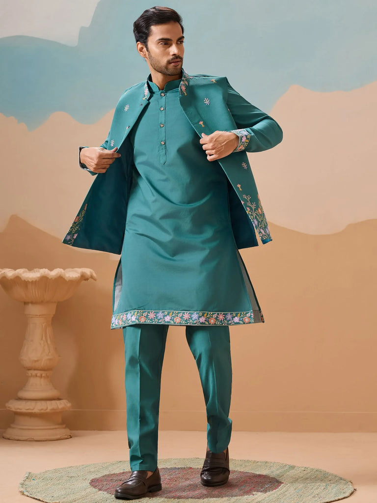 Alluring Rama Green Thread Work Viscose Wedding For Men Kurta With Pant And Jacket