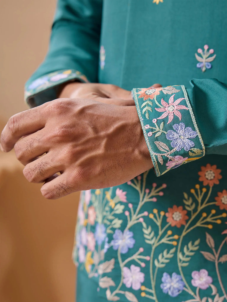 Alluring Rama Green Thread Work Viscose Wedding For Men Kurta With Pant And Jacket