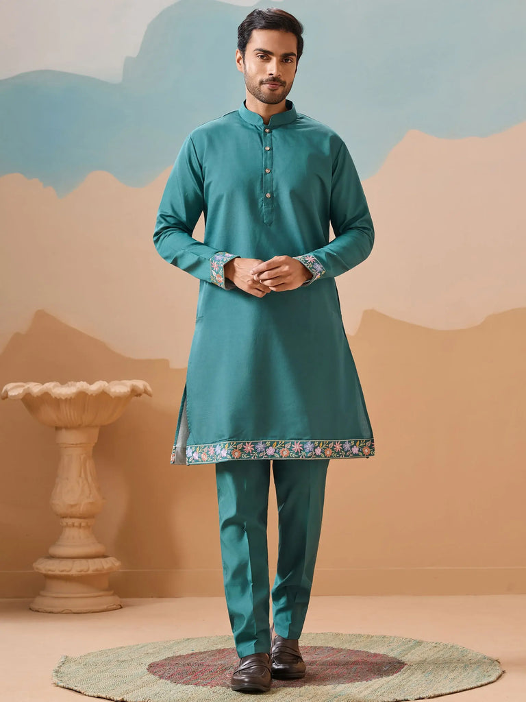 Alluring Rama Green Thread Work Viscose Wedding For Men Kurta With Pant And Jacket