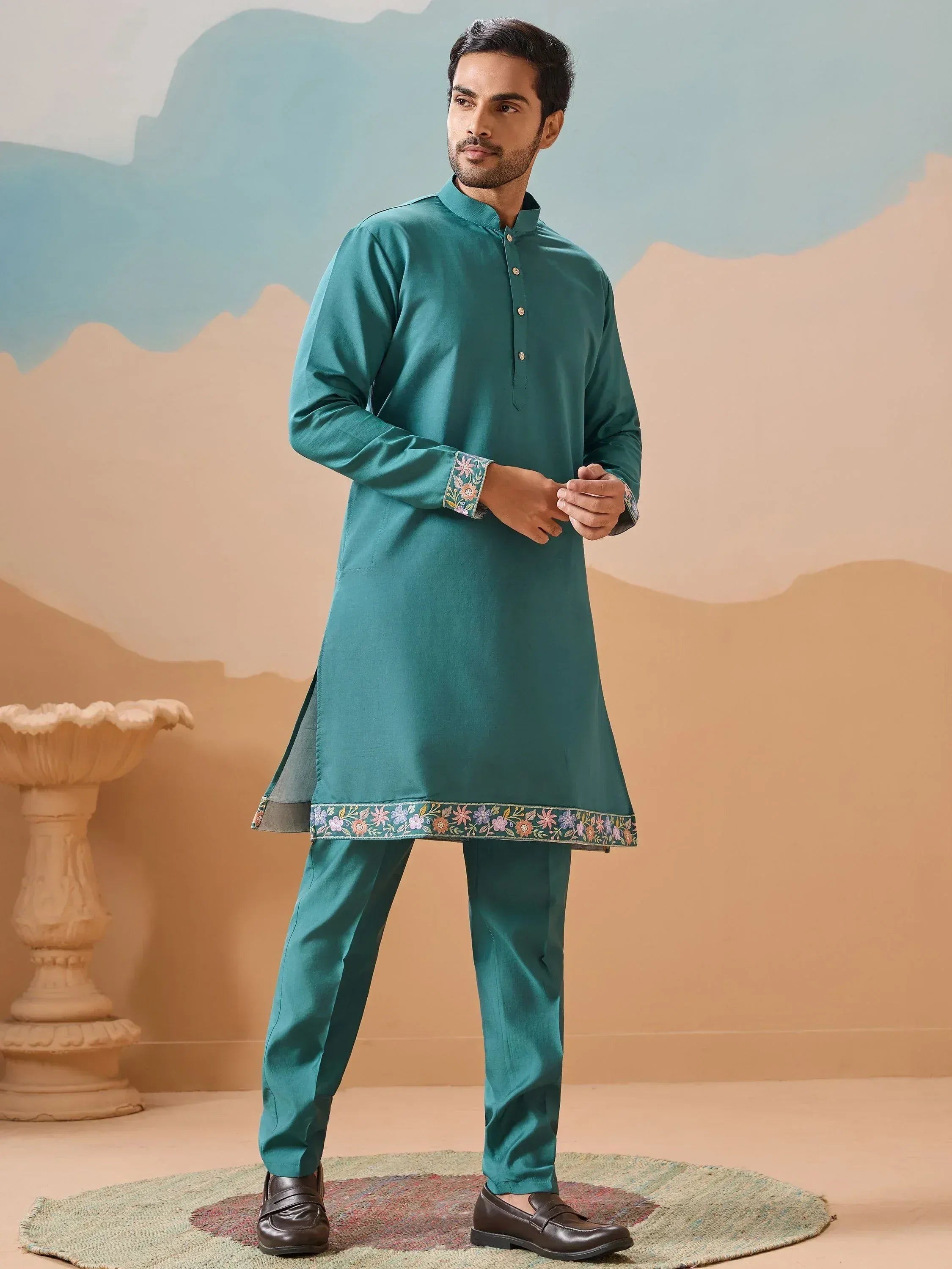 Teal kurta with floral embroidery and matching pants, Indian ethnic wear for men