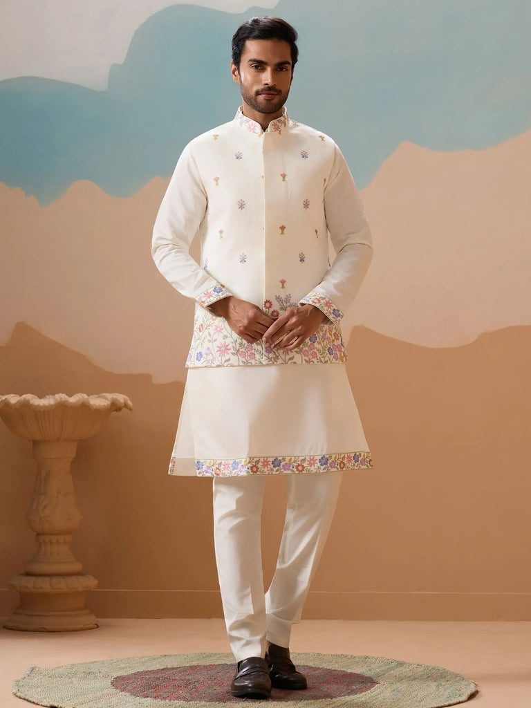 Enchanting White Sequins Viscose Wedding For Men Kurta With Pant And Jacket