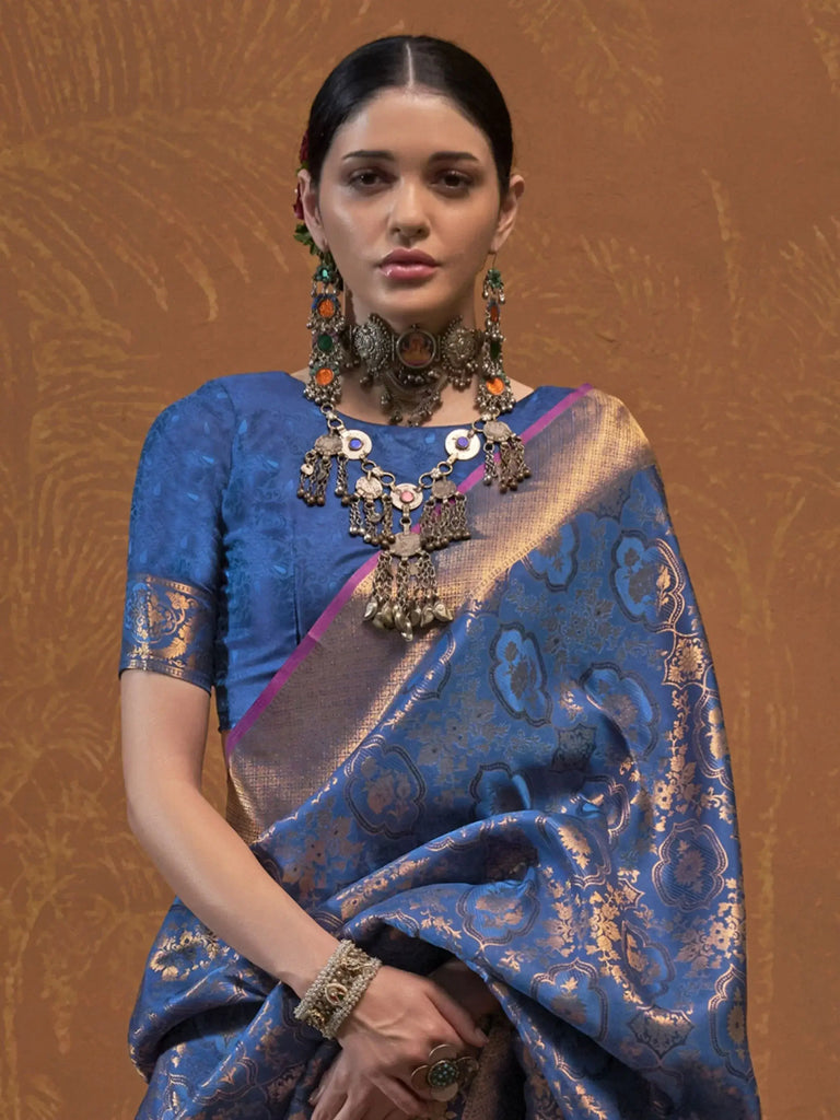 Flashy Slate Blue Handloom Weaving Silk Event Wear Saree With Blouse