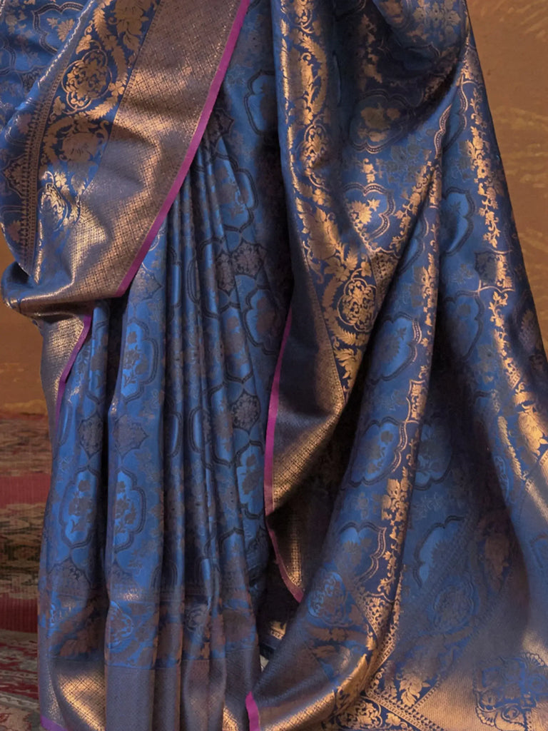 Flashy Slate Blue Handloom Weaving Silk Event Wear Saree With Blouse
