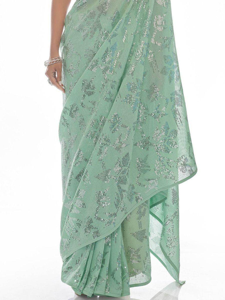 Alluring Sea-Green Sequins Embroidered Georgette Saree