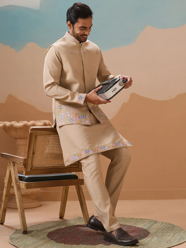 Outstanding Beige Thread Work Viscose Designer Men Kurta With Pant And Jacket