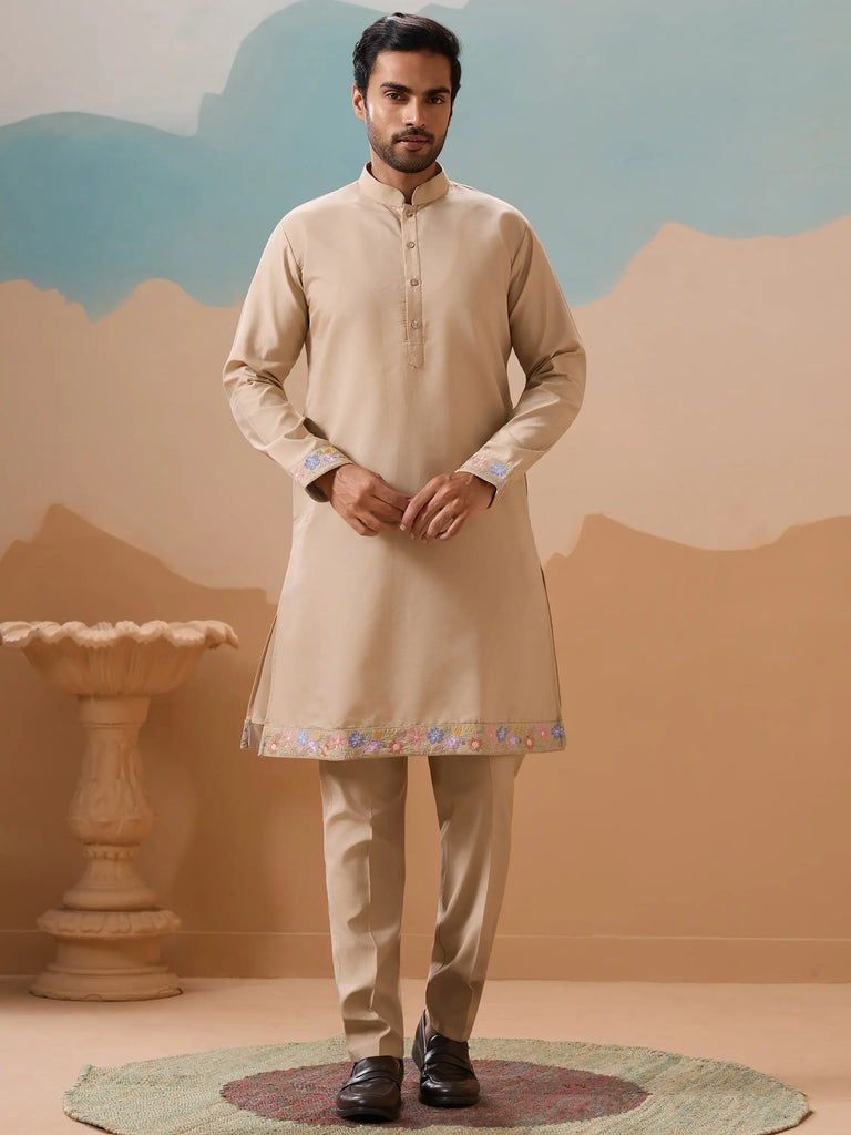 Outstanding Beige Thread Work Viscose Designer Men Kurta With Pant And Jacket