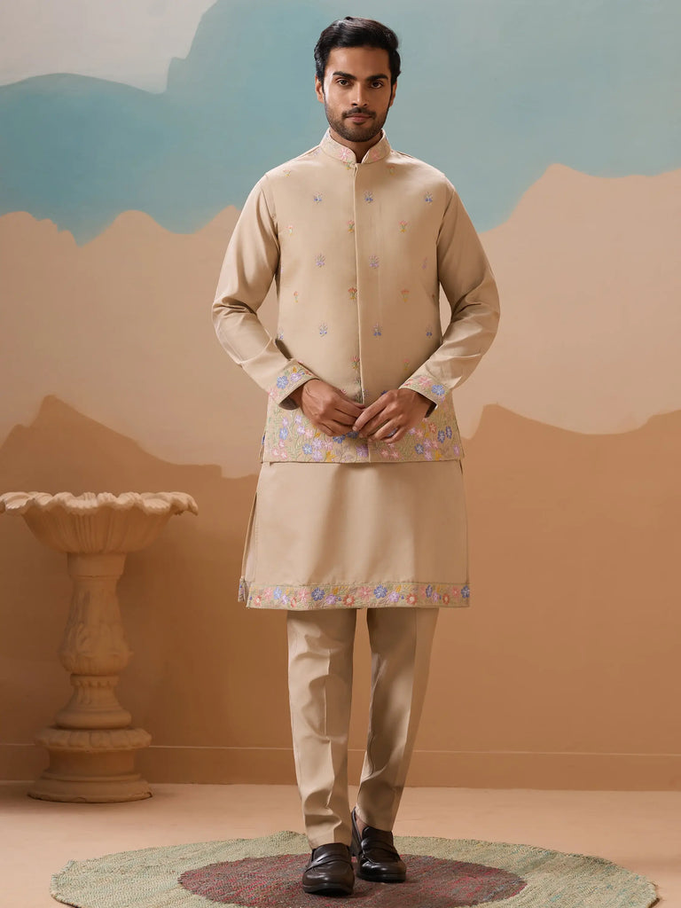 Outstanding Beige Thread Work Viscose Designer Men Kurta With Pant And Jacket