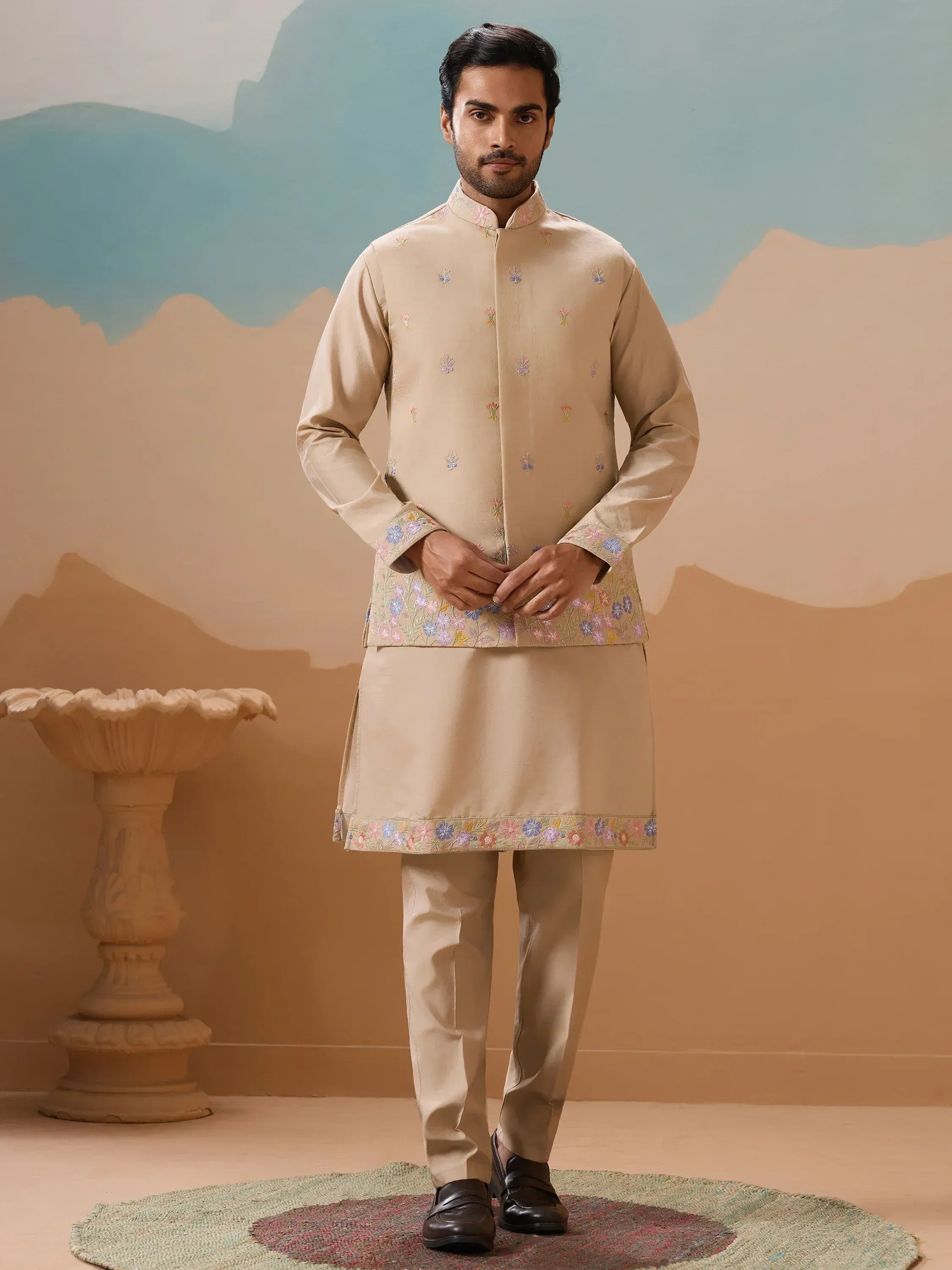 Beige floral embroidered kurta set for men, Indian ethnic wear with matching churidar