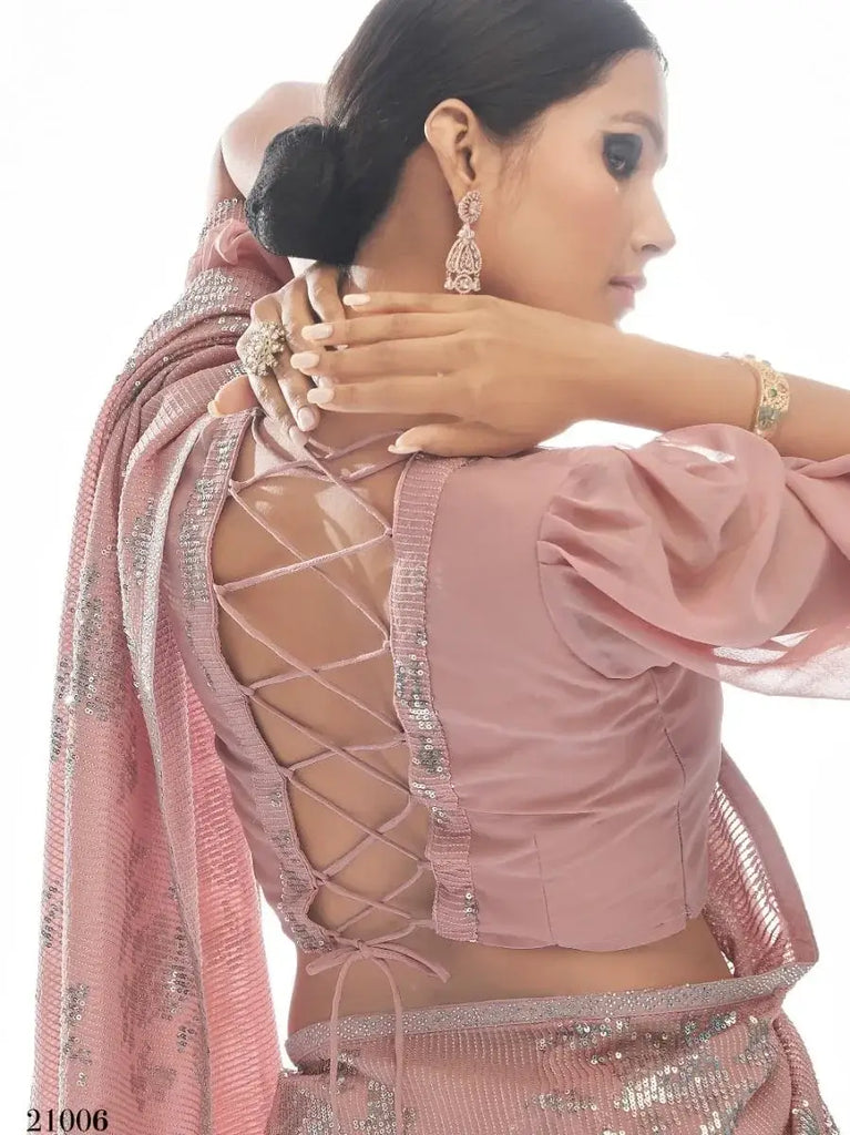 Charming Peach Sequins Embroidered Georgette Saree