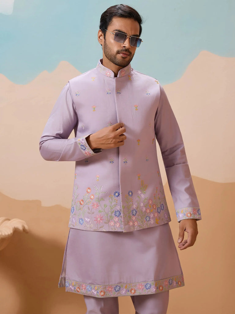 Dazzling Lavender Thread Embroidered Viscose Silk Men Kurta With Pant And Jacket