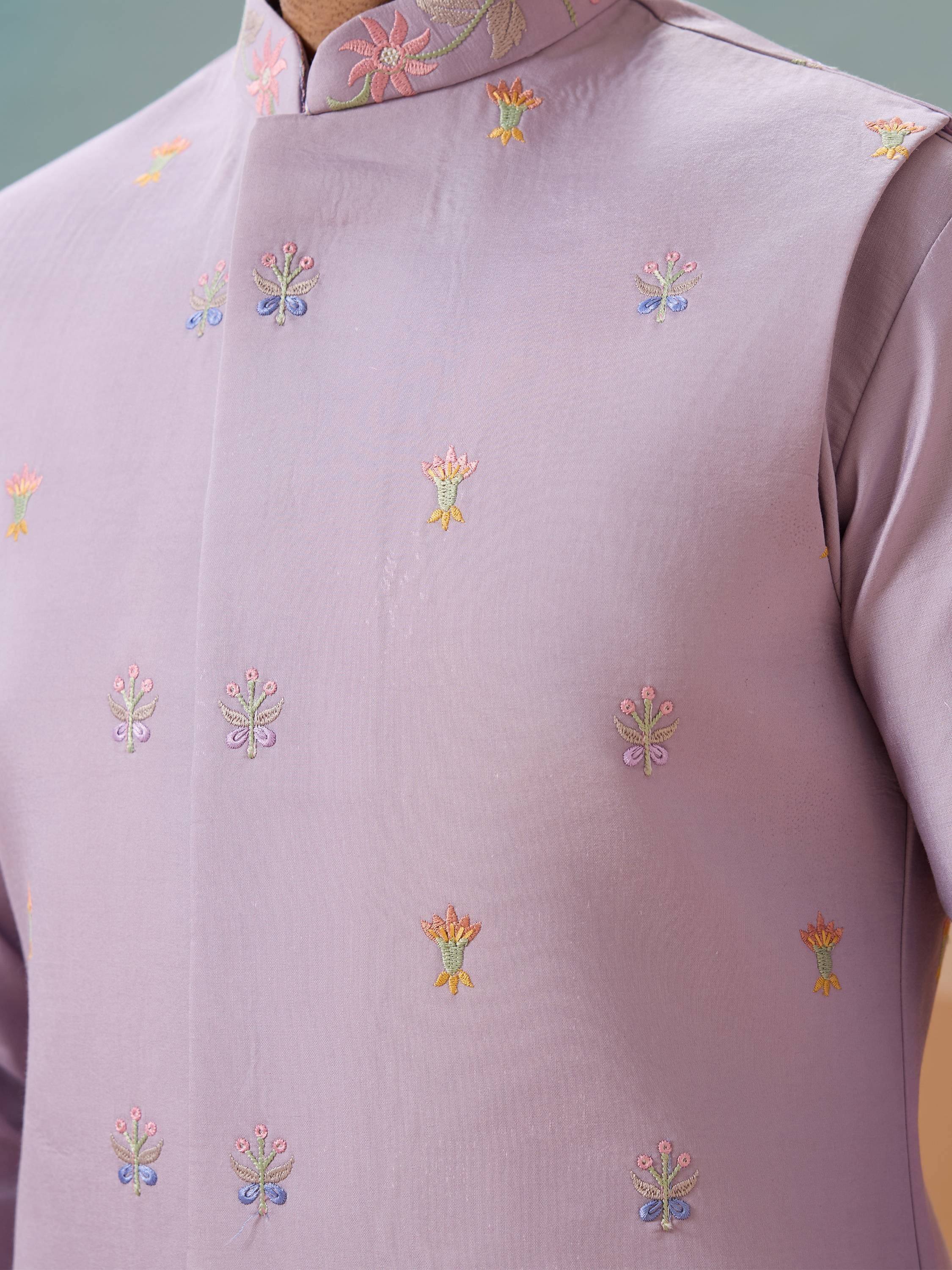 Dazzling Lavender Thread Embroidered Viscose Silk Men Kurta With Pant And Jacket