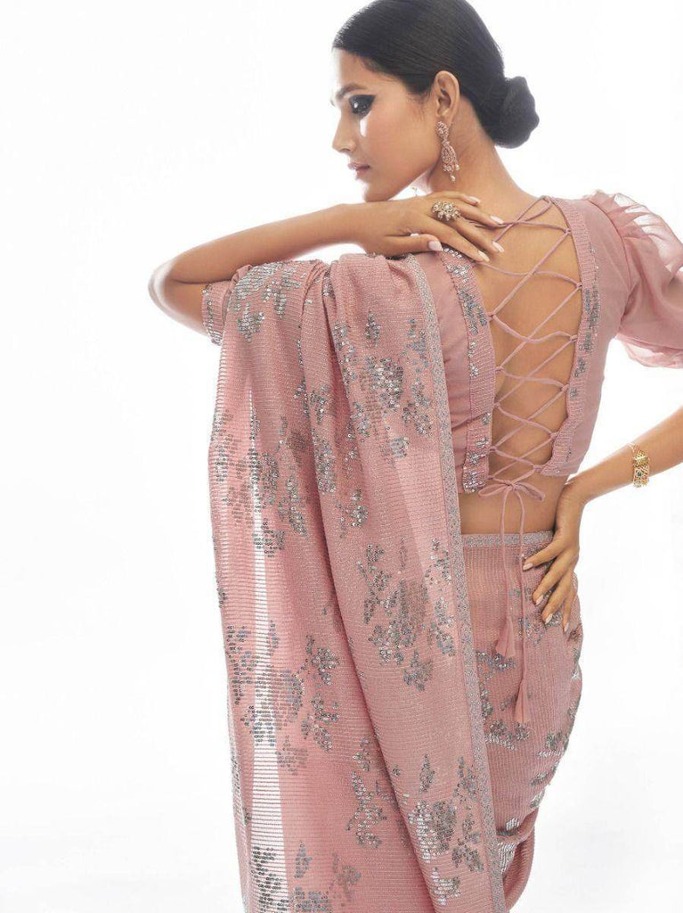 Charming Peach Sequins Embroidered Georgette Saree