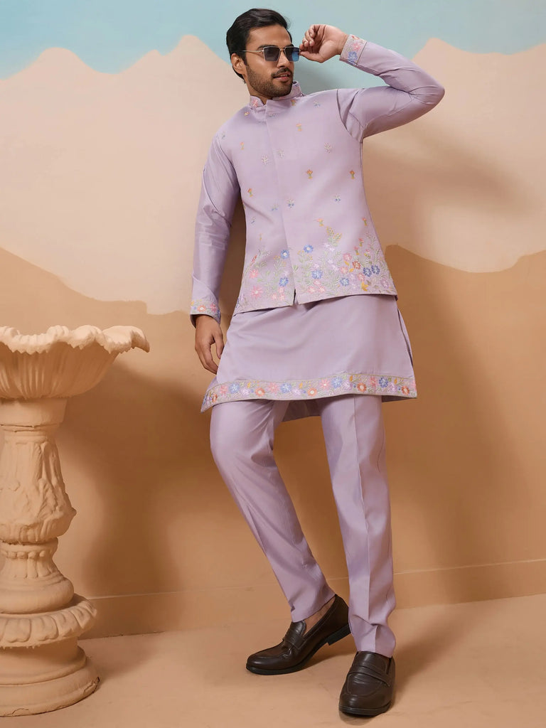 Dazzling Lavender Thread Embroidered Viscose Silk Men Kurta With Pant And Jacket