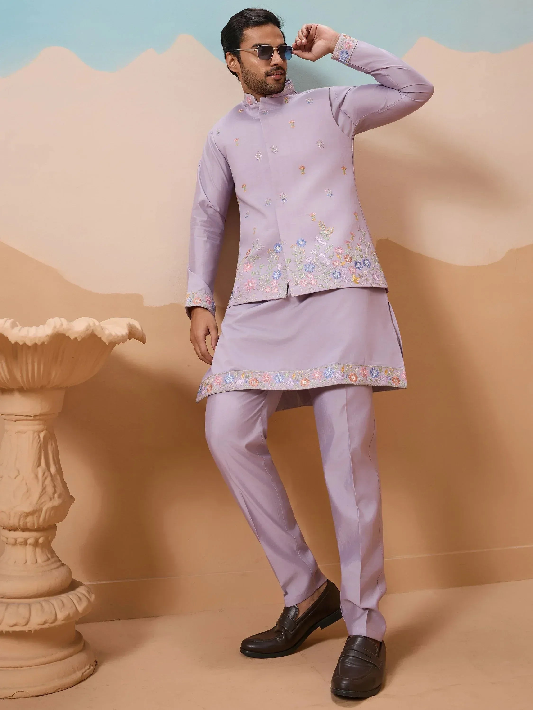 Dazzling Lavender Thread Embroidered Viscose Silk Men Kurta With Pant And Jacket