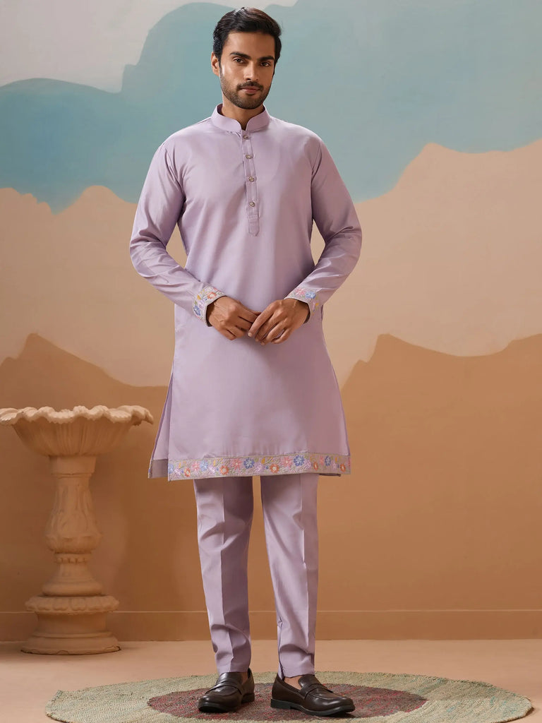 Dazzling Lavender Thread Embroidered Viscose Silk Men Kurta With Pant And Jacket
